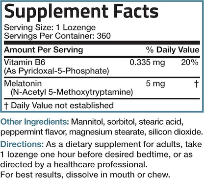 Bronson Melatonin 5mg Fast Dissolve Peppermint Tablets with Vitamin B6 - Promotes Relaxation, 360 Vegetarian Chewable Lozenges
