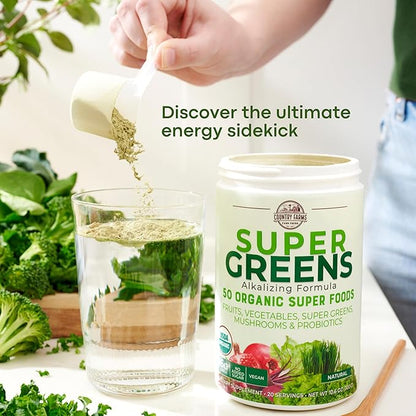 COUNTRY FARMS Super Greens Natural Flavor, 50 Organic Super Foods, USDA Organic Drink Mix, Fruits, Vegetables, Super Greens, Mushrooms & Probiotics, Supports Energy, 40 Servings, 10.6 Oz, 2 Pack