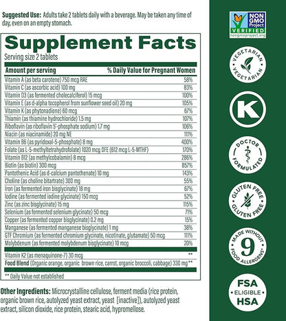 MegaFood Baby & Me 2 Prenatal Multi Vitamins - Prenatal Vitamins for Women with Choline, Methyl Folate & Iron, Vegetarian, Gluten-Free, Pre Natal Multivitamin for Women - 120 Tablets, 60 Servings