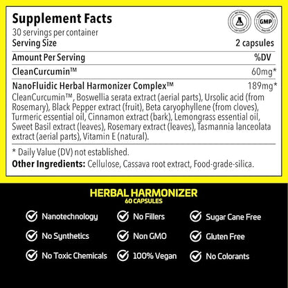 Herbal Harmonizer with CleanCurcumin(TM) - Antioxidant in Capsules - Multi Botanical Super Antioxidants Supplement - Nano Curcumin - Holistic Wellness Defender (60 Capsules)