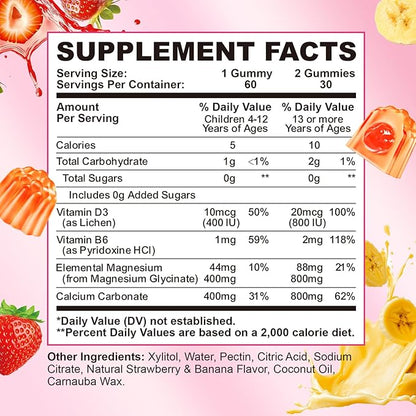 Double-Flavor Magnesium Glycinate Gummies 400MG, Sugar Free Magnesium Supplement Calm Sleep for Women Kids Adults with Vitamin D3, B6 and Calcium, Gluten Free & Vegan Friendly, 60 Count