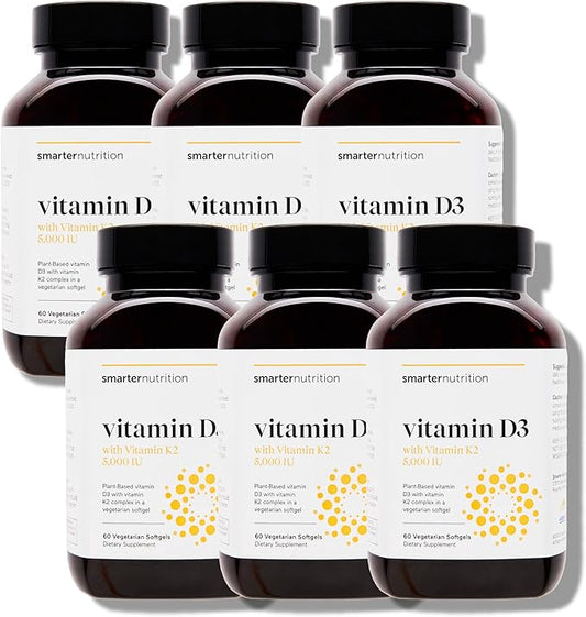 Smarter Nutrition Vegan Vitamin D3 5000 IU + Vitamin K2 1100 mcg with Organic Coconut & Olive Oil - D3 K2 Supplement for Immune Support & Bone Health in a Vegan Softgels - 360 Count [180 Day Supply]