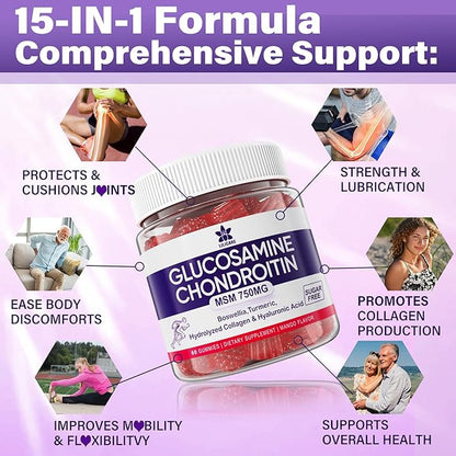 Glucosamine Chondroitin Gummies, Sugar Free Glucosamine Chondroitin MSM Supplement, Extra Strength with Boswellia Turmeric, Hydrolyzed Collagen & Hyaluronic Acid, Bone Health for Men & Women, 60 Cts