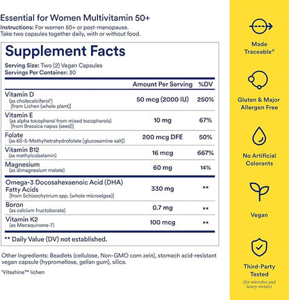 Ritual Multivitamin for Women 50+, Menopause Supplements with Vitamin D3, K2 and Magnesium for Bone Support*, Omega-3 DHA, Vitamin B12, Non-GMO, Mint Essenced, 30 Day Supply, 60 Vegan Capsules