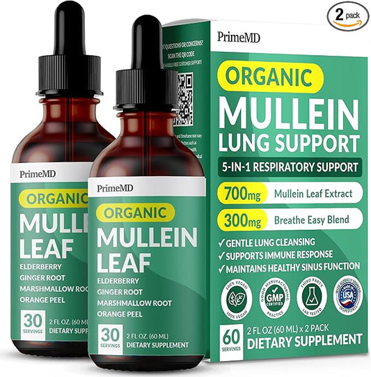 5-in-1 Mullein Drops for Lungs and Bronchial - Respiratory Lung Health Support with Mullen Leaf Extract for lungs - Mullein Tincture with Elderberry, Marshmallow, Ginger Root (60 Servings) (2-pack)