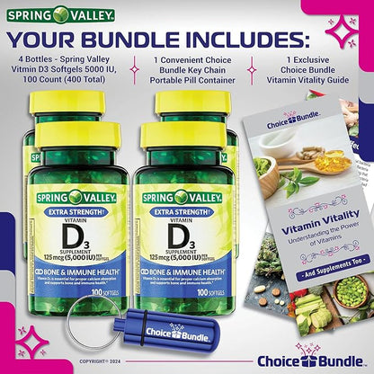Spring Valley Vitamin D3 Softgels 125 mcg per Soft Gel 5,000 IU 100 Ct 4 pk (400 Total) + Vitamin Guide & Pill Container (6 Items)!