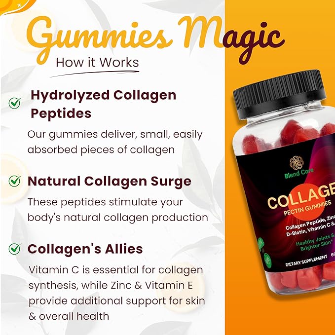 Collagen Gummies for Women & Men with D-Biotin, Vitamin C, E & Zinc - Gluten Free Collagen Peptides, Orange Flavor - Support Skin, Hair & Nail Health - 60 Gummies
