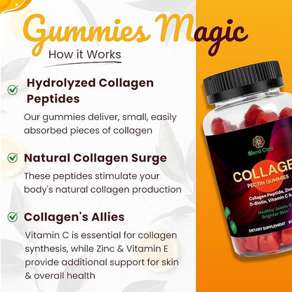Collagen Gummies for Women & Men with D-Biotin, Vitamin C, E & Zinc - Gluten Free Collagen Peptides, Orange Flavor - Support Skin, Hair & Nail Health - 60 Gummies