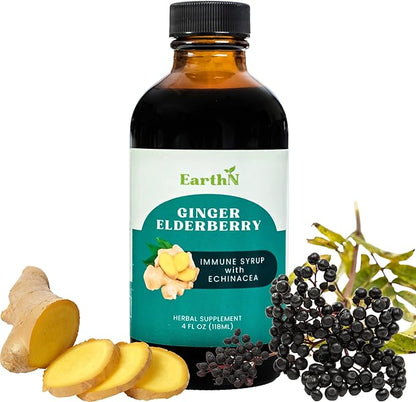 Ginger Elderberry Immune Defense Syrup with Echinacea, Vitamin C, Honey - Organic Super Premium Liquid - 100% Pure Ingredients - Natural Immunity Support Supplement (4 fl oz)