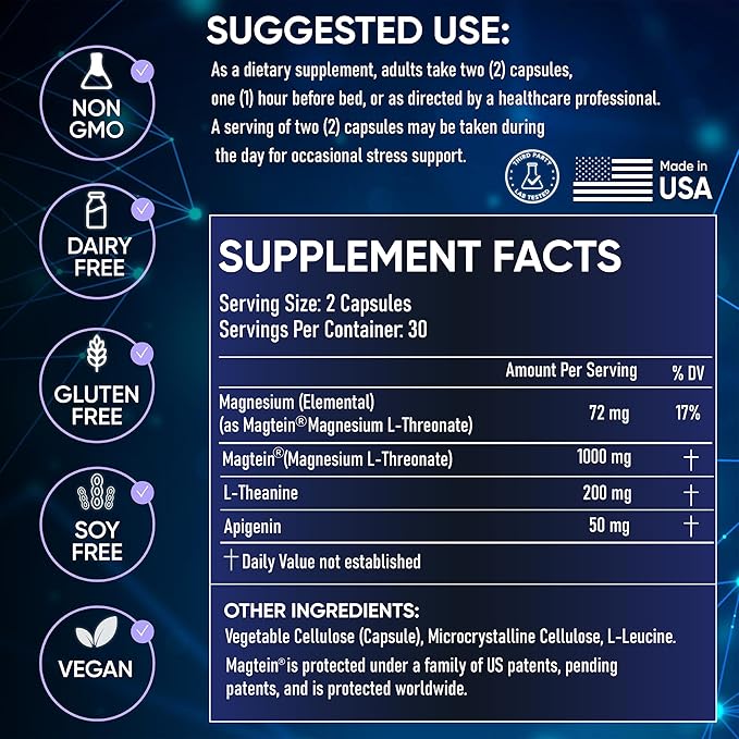 Clinically Studied – Premium High Absorption Magnesium Sleep Supplement – Magnesium L-Threonate L-Theanine Apigenin – Sleep & Stress Support – Third Party Tested – Made in USA – Gluten Free