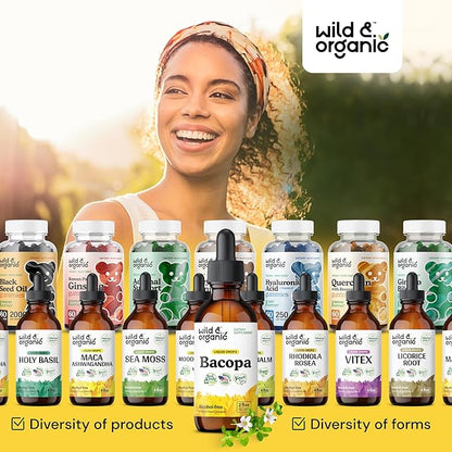 Wild & Organic Bacopa Tincture - Supports Calm, Focus, Clarity - Bacopa Monnieri Supplement Liquid - Alcohol-Free Drops with Brahmi Extract - Vegan, Sugar-Free - 2-Month Supply - 2 fl oz
