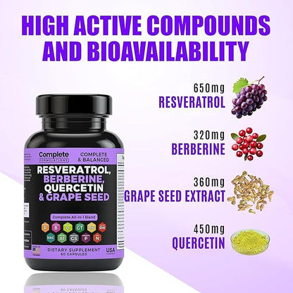 Resveratrol Supplement with Quercetin, Berberine, Grape Seed Extract & Polyphenol Blend for Skin Health, Immune Support & Antioxidant Boost