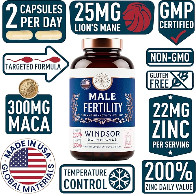 WINDSOR BOTANICALS Fertility Supplements for Men Prenatal Vitamins - Conception for Him Male Fertility Support Supplement - Zinc, Maca, Ashwagandha, L Arginine - 2-Pack, 240 Pills