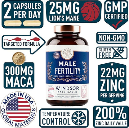 WINDSOR BOTANICALS Fertility Supplements for Men Prenatal Vitamins - Conception for Him Male Fertility Support Supplement - Zinc, Maca, Ashwagandha, L Arginine - 2-Pack, 240 Pills