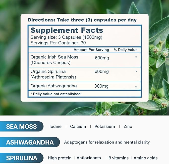 Sea Moss Capsules with Spirulina and Ashwagandha Capsules, 100% Organic Irish Moss, Strength & Endurance- High Potency Sea Moss Supplement, 90 Count Made in USA, Superfood Supplements