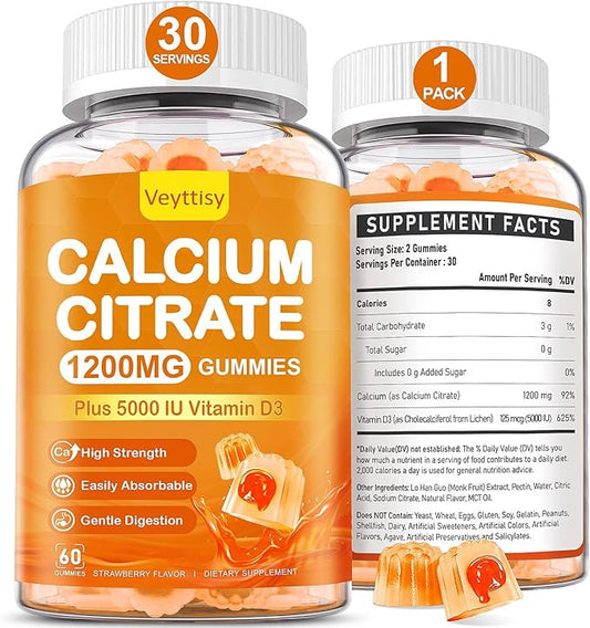 Calcium 1200 mg with Vitamin D3 Gummies for Adults - Calcium Citrate with Vitamin D3 5000iu for Ultimate Absorption - Calcium Supplement for Women Men - Sugar Free, Non-GMO, Natural Strawberry Flavor