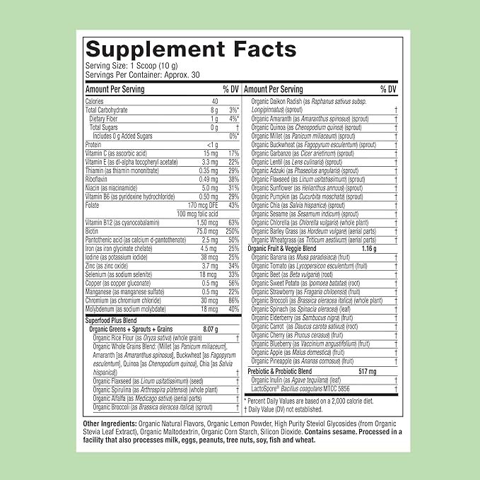 Purely Inspired Organic Green Powder Smoothie Mix, Tropical Mango Iced Tea Flavor (30 Servings) - Probiotics for Digestive Health with Spirulina & Chlorella for Gut Health - Vegan & Gluten-Free