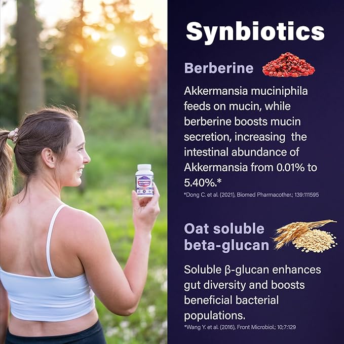 Delayed Release Akkermansia GLP-1 Probiotic with Berberine and Soluble Beta-Glucan Prebiotic Fiber; 3 Billion AFU, 60 Capsules, for Gut Health Support