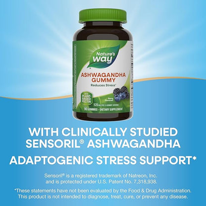 Nature's Way Ashwagandha Gummies, Reduce Stress with Adaptogenic Herb*, 125 mg Per 2-gummy Serving, Berry Flavored, 90 Gummies (Packaging May Vary)