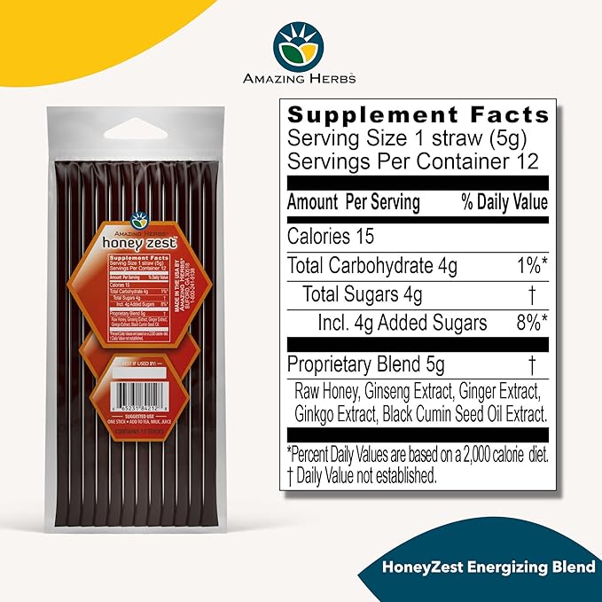 Amazing Herbs Raw Natural Honey - Herbal Honey Infused with Ginseng, Ginger, Ginkgo Extracts & Pure Black Seed Oil, Non GMO, Gluten Free Immune Booster - Honeyzest Energizing Straws, 12 Count