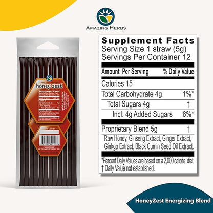 Amazing Herbs Raw Natural Honey - Herbal Honey Infused with Ginseng, Ginger, Ginkgo Extracts & Pure Black Seed Oil, Non GMO, Gluten Free Immune Booster - Honeyzest Energizing Straws, 12 Count