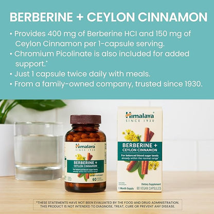 Himalaya Berberine + Ceylon Cinnamon from Indian Barberry Root, Includes Chromium, for Gastrointestinal, and Daily Metabolism Support, Vegan, Gluten Free, Herbal Supplement, 60 Capsules