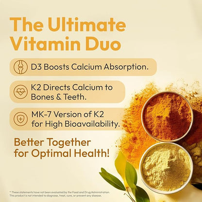 D3 K2 Vitamin 5,000 IU (125 mcg) + MK-7 (180 mcg) Natural Supplement | Bone, Heart, & Immune Support | Enhances Calcium Absorption | Women & Men | Vegan | 60 Servings