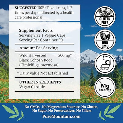 Pure Mountain Botanicals Black Cohosh Capsules - 90 Kosher Vegan Caps - Now with 500mg Wild Black Cohosh Root - Natures Support for Menopause