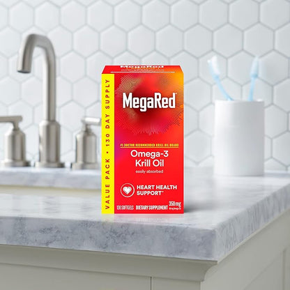 MegaRed - Omega-3 Krill Oil 350mg Softgels (130 Count in A Bottle), EPA & DHA Omega-3 Fatty Acids with No Fishy Aftertaste Unlike Fish Oil, Contains Antioxidant Astaxanthin