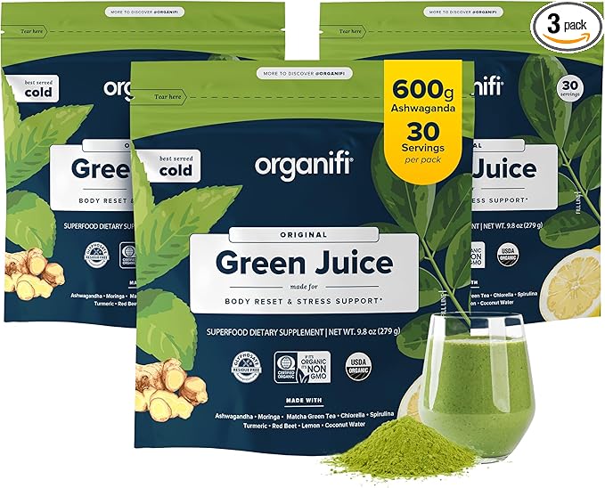 Organifi Green Juice - Organic Superfood Powder - 90-Day Supply - Organic Vegan Greens - Helps Decrease Cortisol - Provides Better Response to Stress - Supports Weight Control - Total Body Wellness