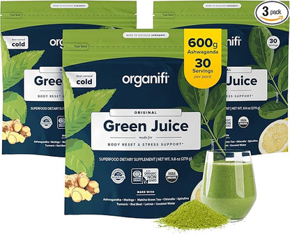 Organifi Green Juice - Organic Superfood Powder - 90-Day Supply - Organic Vegan Greens - Helps Decrease Cortisol - Provides Better Response to Stress - Supports Weight Control - Total Body Wellness
