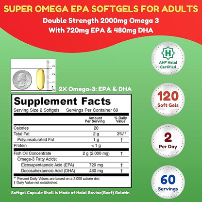 Halal Fish Oil Softgels 120 Ct, Double Strength - Halal Omega 3 Fish Oil Supplements. Wild Caught, Non-GMO & Purified