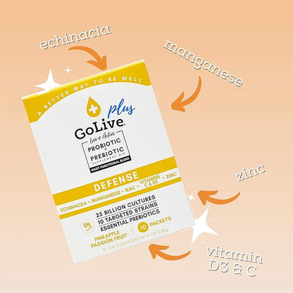 GoLive Immune Defense – Sugar-Free Synbiotic Powder with Prebiotics & Probiotics – 25 Billion CFUs, 10 Clinical Strains – Supports Digestion, Metabolism & Immunity – 10 Servings