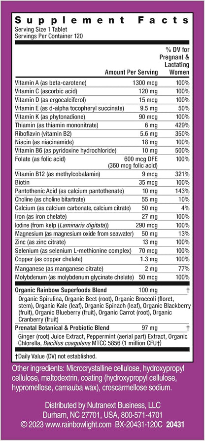 Rainbow Light High-Potency Prenatal One Multivitamin, Prenatal Health Multivitamin Supports Mom's Health and Baby's Development, With Vitamin C, Vegan, 120 Count