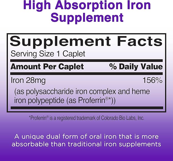 Feosol Complete Iron Supplement Caplets, Bifera Iron for High Absorption, Heme and Non-Heme Dual Action Minimizes Side Effects, 1 Per Day, for Energy and Immune System Support, 30 Count (Pack of 36)