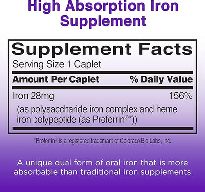 Feosol Complete Iron Supplement Caplets, Bifera Iron for High Absorption, Heme and Non-Heme Dual Action Minimizes Side Effects, 1 Per Day, for Energy and Immune System Support, 30 Count (Pack of 36)