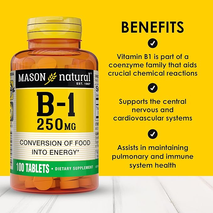 MASON NATURAL Vitamin B-1 Thiamine 250 mg, 100 Day Supply Dietary Supplement, Easy-to-Swallow Tablets, Support Energy Production & Healthy Metabolism