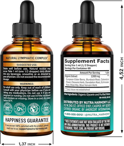 USDA Organic Lymphatic Drainage Supplement - Echinacea | Elderberry | Dandelion | Rosehip | Cleavers | Calendula | Burdock - Made in USA - Lymph System Drops - Immune Support, Cleanse & Detox, 2 fl oz