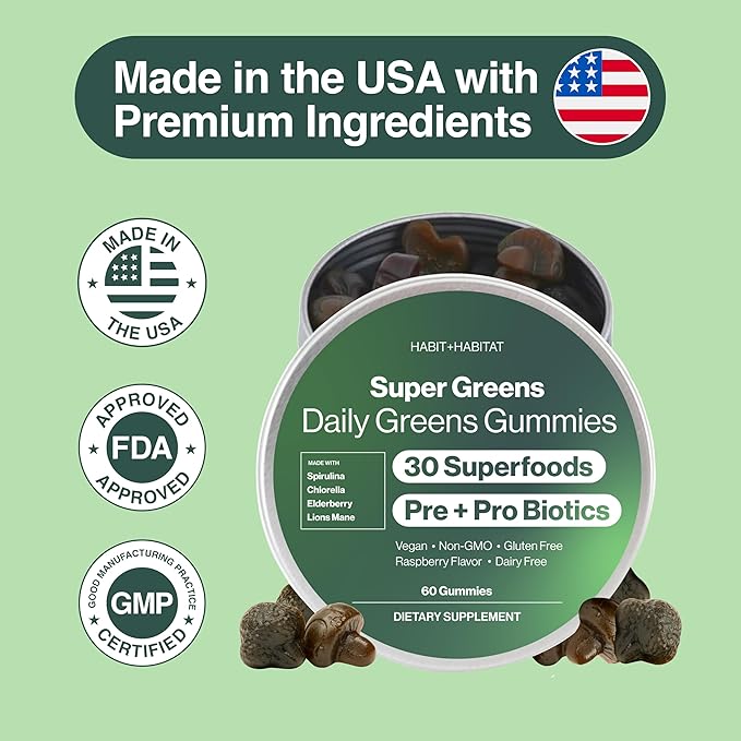 Daily Greens Gummies - Raspberry Flavored Nutrient Rich Blend with Chlorella, Spirulina, Beetroot, Lions Mane, Ashwagandha and Reishi for Vitality, Wellness and Herbal Support