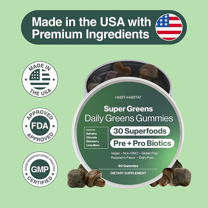 Daily Greens Gummies - Raspberry Flavored Nutrient Rich Blend with Chlorella, Spirulina, Beetroot, Lions Mane, Ashwagandha and Reishi for Vitality, Wellness and Herbal Support