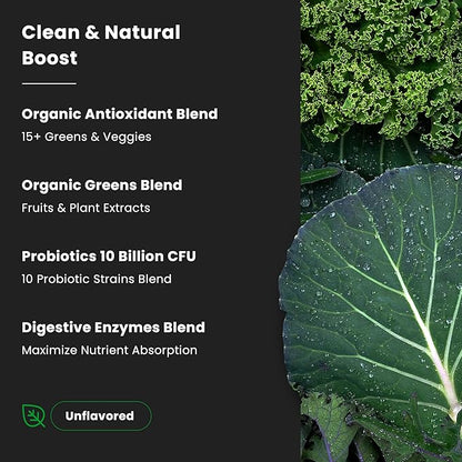 NutraChamps Super Greens Powder Premium Superfood | 20+ Organic Green Veggie Whole Foods | Wheat Grass, Spirulina, Chlorella | Antioxidant, Digestive Enzyme & Probiotic Blends (9.0 Oz, Unflavored)