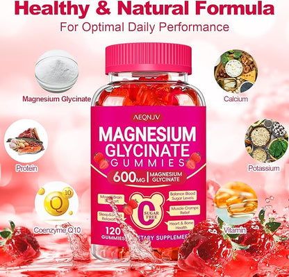 Magnesium Glycinate Gummies 600mg, Chewable Sugar Free Potassium Magnesium Gummies with Magnesium Glycinate, Vitamin D, B6 and CoQ10 for Sleep, Relaxation, Brain and Muscle, 60 Days Supply