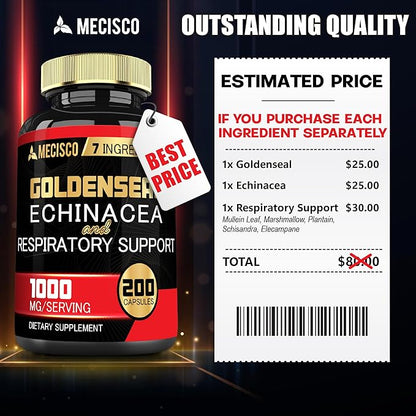 Goldenseal Root Capsule Organic with Echinacea, Mullein Leaf, Plantain & More - 7 Premium Herbal Supports Immune System, Digestive Health, Smooth Breathing, and Body Management - 200 Capsules