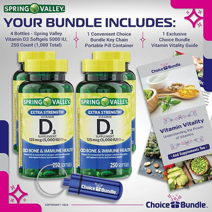 Spring Valley Vitamin D3 Softgels 125 mcg per Soft Gel 5,000 IU 250 Ct 4 pk (1000 Total) + Vitamin Guide & Pill Container (6 Items)!