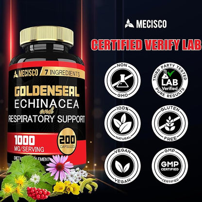 Goldenseal Root Capsule Organic with Echinacea, Mullein Leaf, Plantain & More - 7 Premium Herbal Supports Immune System, Digestive Health, Smooth Breathing, and Body Management - 200 Capsules