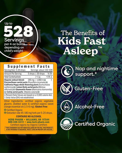 Herb Pharm Kids Certified-Organic Alcohol-Free Fast Asleep Liquid Herbal Formula, 4 Ounce
