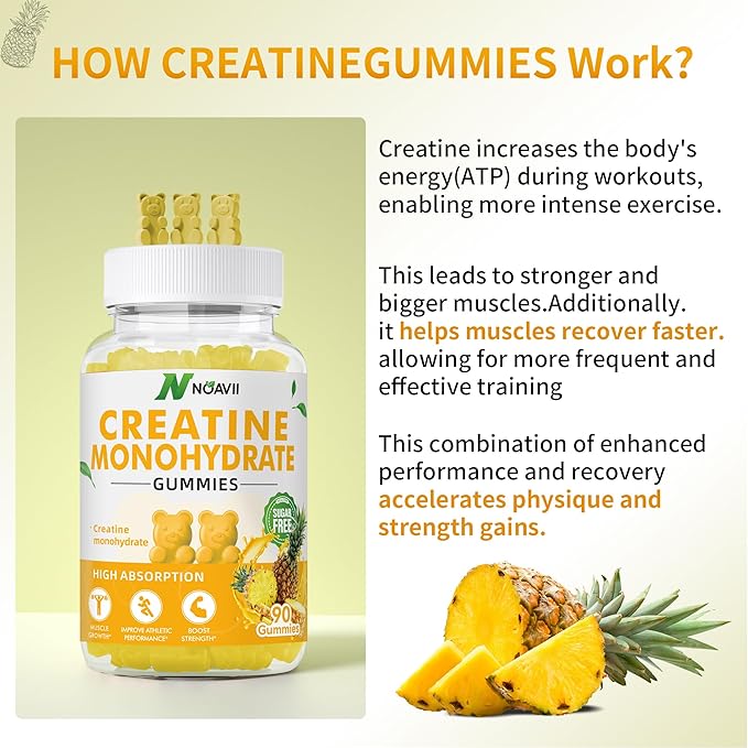 Creatine Monohydrate Gummies 5000mg for Men & Women, Chewables Creatine Monohydrate for Muscle Strength, Muscle Builder, Energy Boost, Pre-Workout Supplement-180 Pineapple Gummies