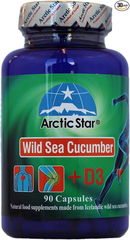 Arctic Star - Sea Cucumber with Vitamin D3 Capsules, Pure Icelandic Wild Caught Sea Cucumber Extract & D3 Supplement Pills - Cucumaria Frondosa 北极星海参+D3胶囊 (90 Capsules, 400mg) 1Bottle