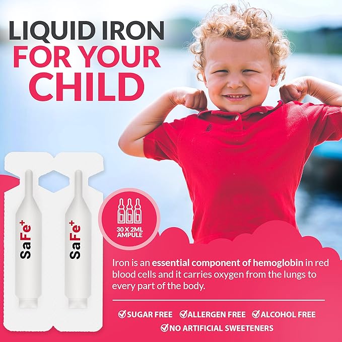 SaFe+ Liquid Iron for Children | Great Tasting Cherry Flavor | Easy to Use 20mg/2mL Iron per ampule | 30 Unit-Doses (2 ml Each) I Sugar Free & Allergen Free I Maintain Physical & Mental Wellbeing