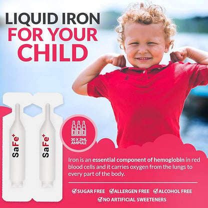 SaFe+ Liquid Iron for Children | Great Tasting Cherry Flavor | Easy to Use 20mg/2mL Iron per ampule | 30 Unit-Doses (2 ml Each) I Sugar Free & Allergen Free I Maintain Physical & Mental Wellbeing